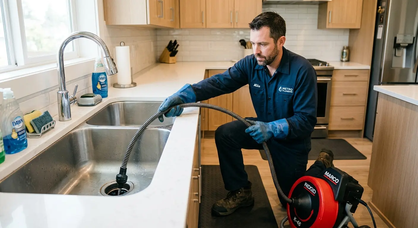 Drain cleaning technician using a motorized snake on a kitchen sink in Oroville