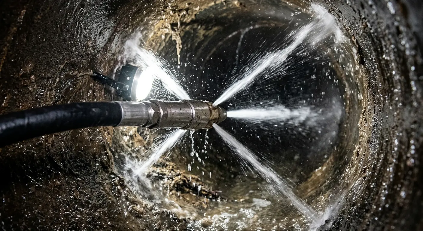 High-pressure hydro jetting nozzle cleaning sewer pipe for Sewer Cleanout in Oroville