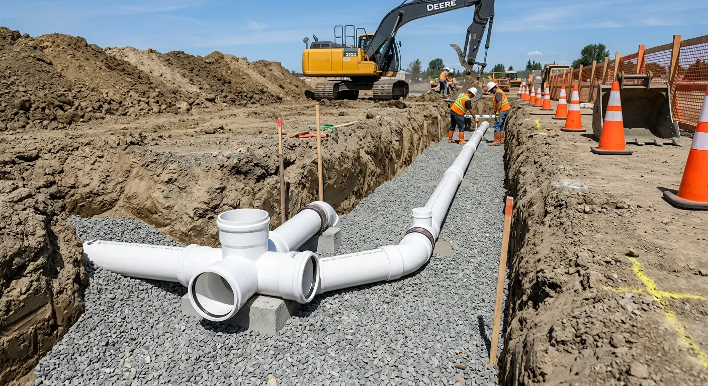 New PVC sewer pipe installation in open trench for Grease Trap Cleaning in Oroville