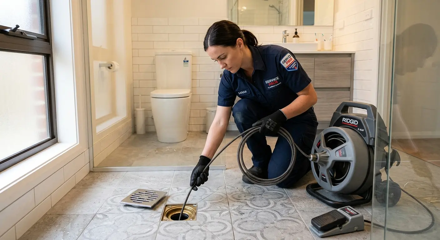Technician clearing a bathroom floor drain for Hydro Jetting in Oroville